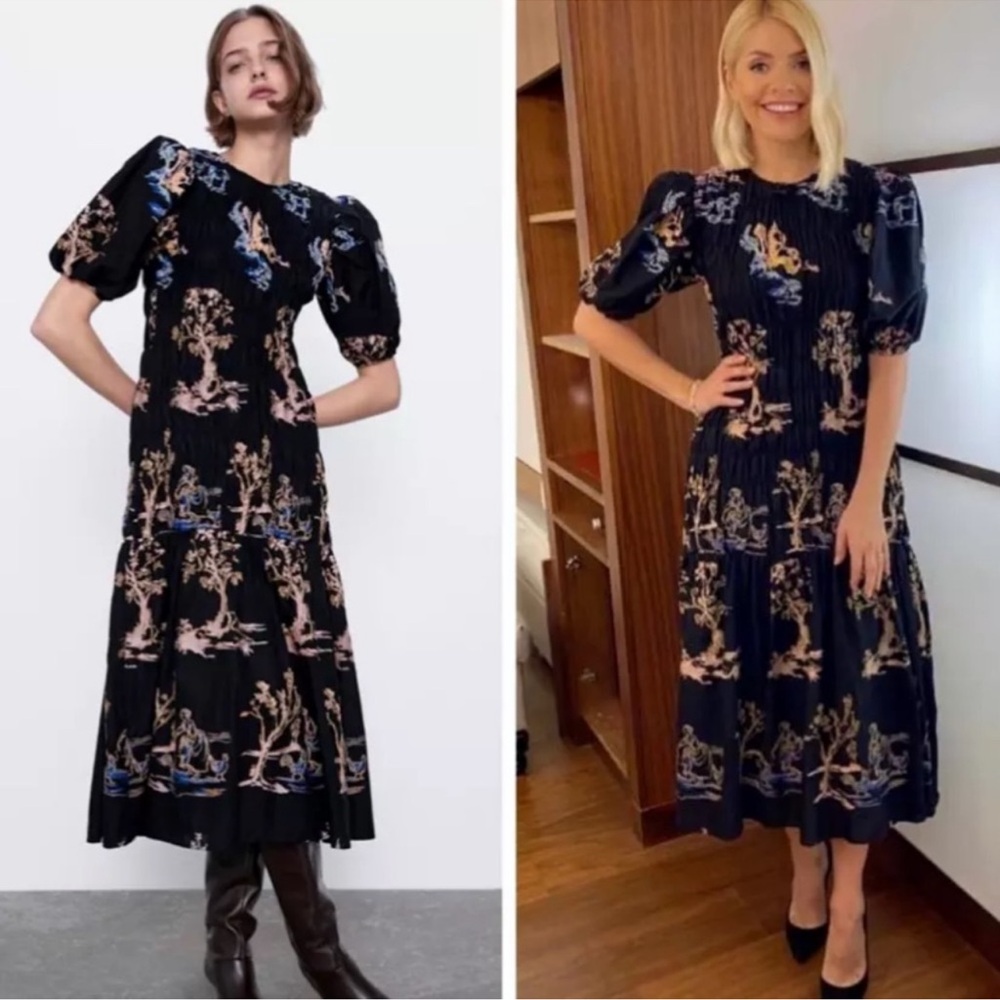 Zara Black Midi Dress with Beige & Blue Print